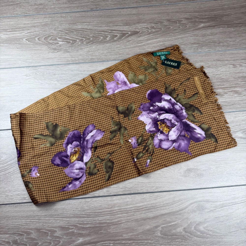 Lauren Ralph Lauren Womens Scarf Silk Floral Houndstooth Brown Purple OS